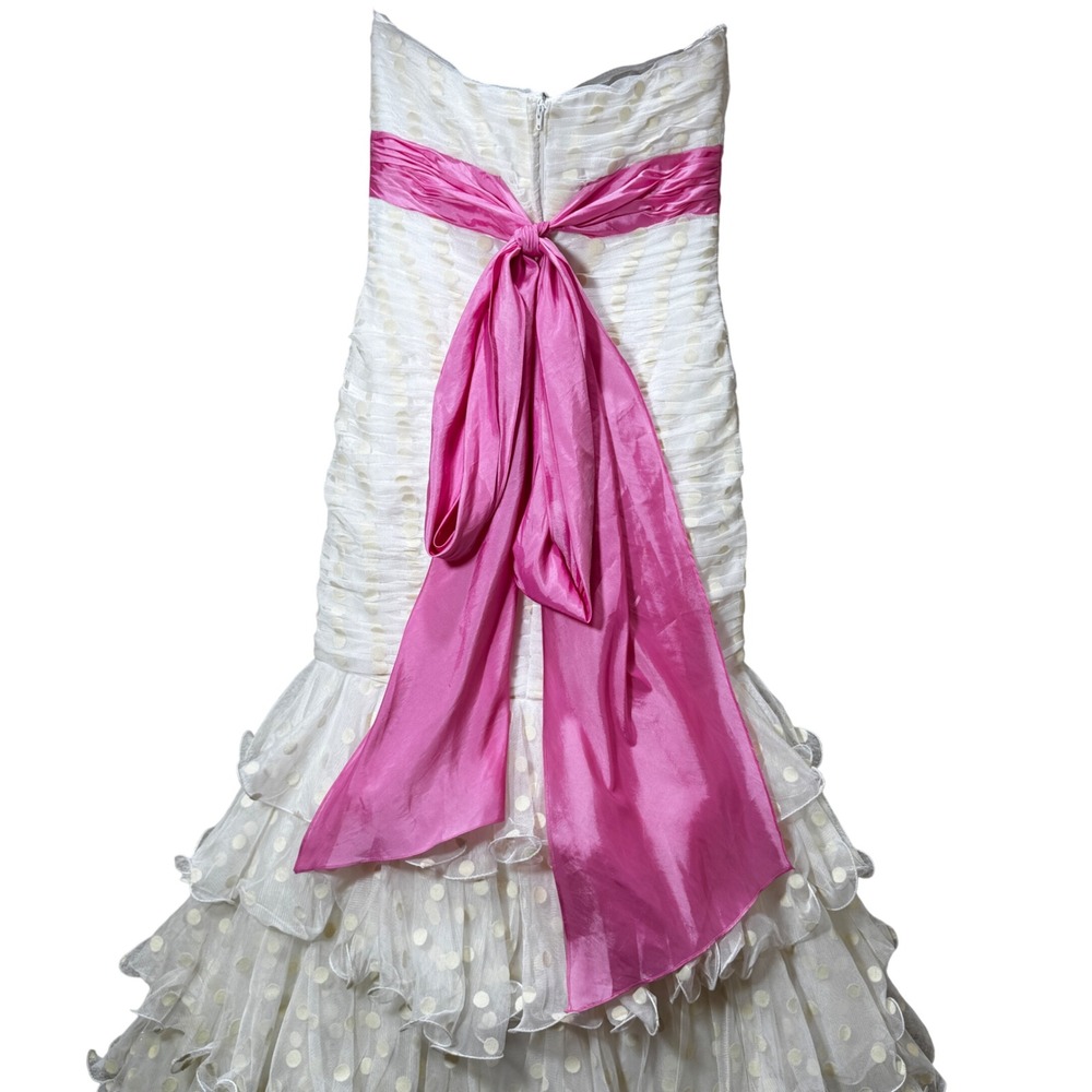 Sherri Hill Strapless Mermaid Gown Polka Dot Tulle Tiered Dress Pink Sash 8 - Picture 9 of 13
